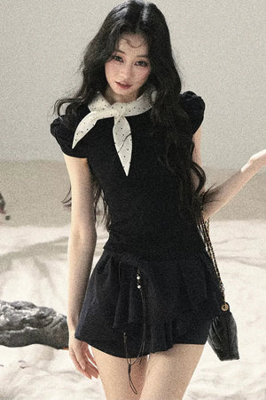 French Polka Dot Bow Puff Sleeve Top