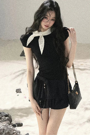 French Polka Dot Bow Puff Sleeve Top
