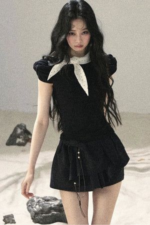 French Polka Dot Bow Puff Sleeve Top