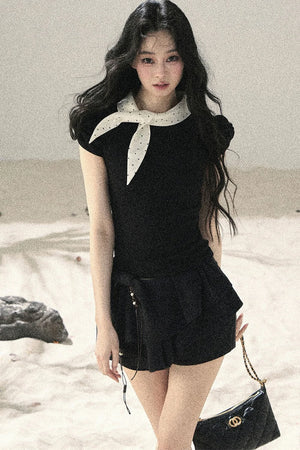 French Polka Dot Bow Puff Sleeve Top