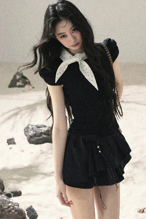 French Polka Dot Bow Puff Sleeve Top