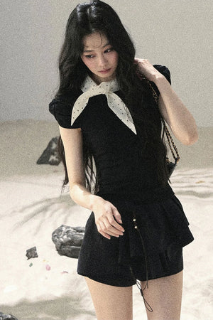 French Polka Dot Bow Puff Sleeve Top