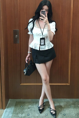 French Puff-Sleeve Button-Up Top
