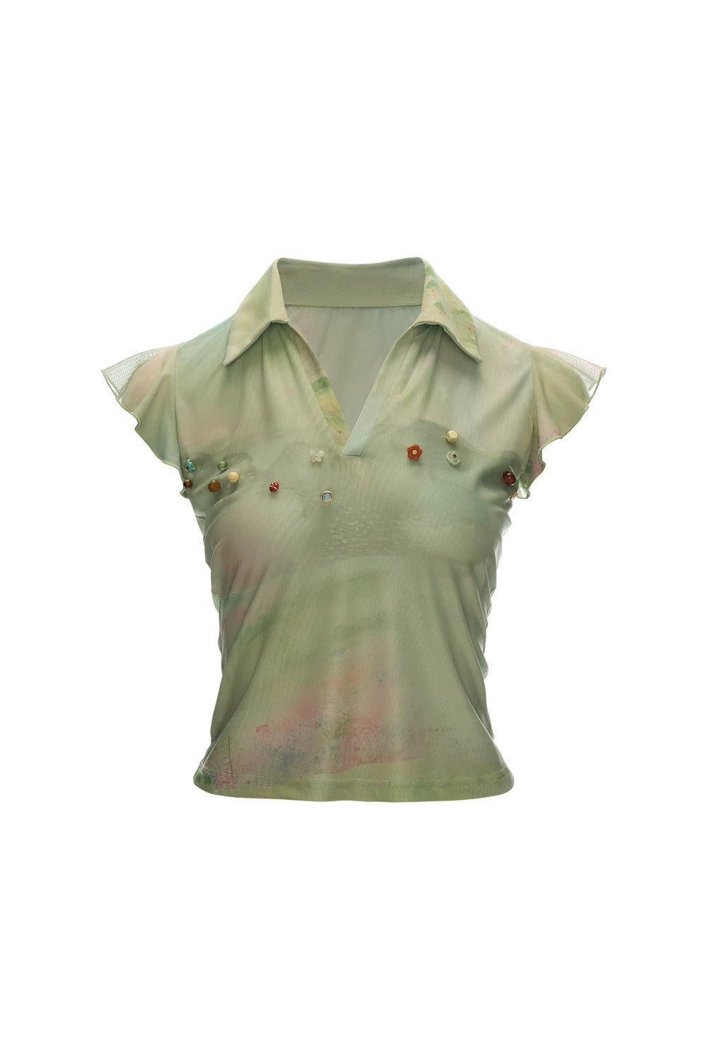 French Retro Beaded Polo Top