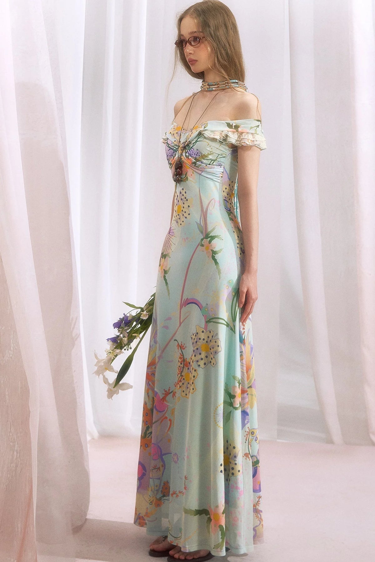French Retro Off-Shoulder Bodycon Floral Dress