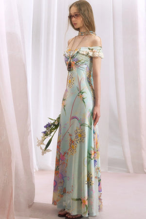 French Retro Off-Shoulder Bodycon Floral Dress