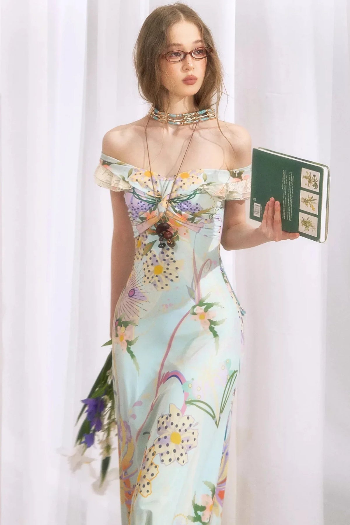 French Retro Off-Shoulder Bodycon Floral Dress