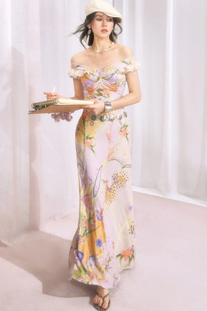 French Retro Off-Shoulder Bodycon Floral Dress