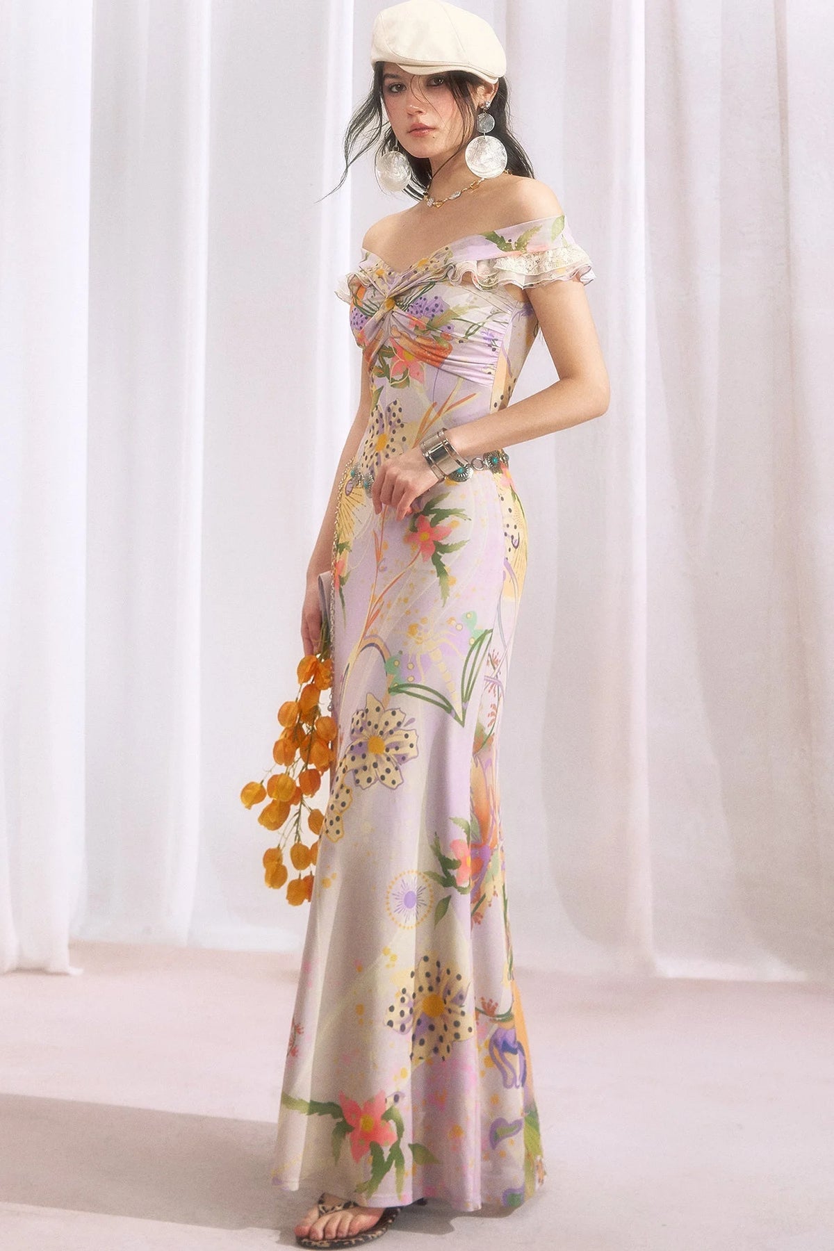 French Retro Off-Shoulder Bodycon Floral Dress