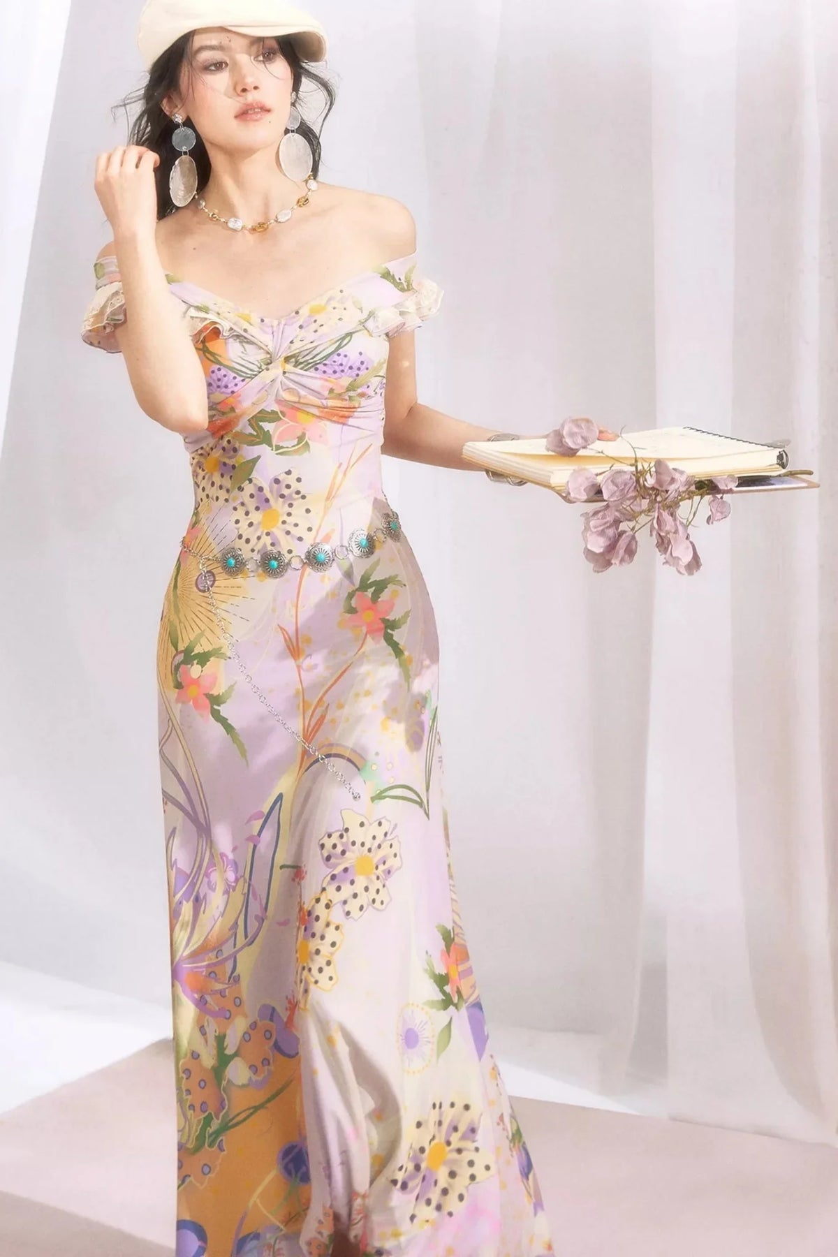 French Retro Off-Shoulder Bodycon Floral Dress