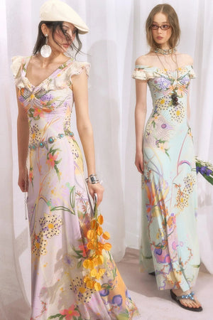 French Retro Off-Shoulder Bodycon Floral Dress