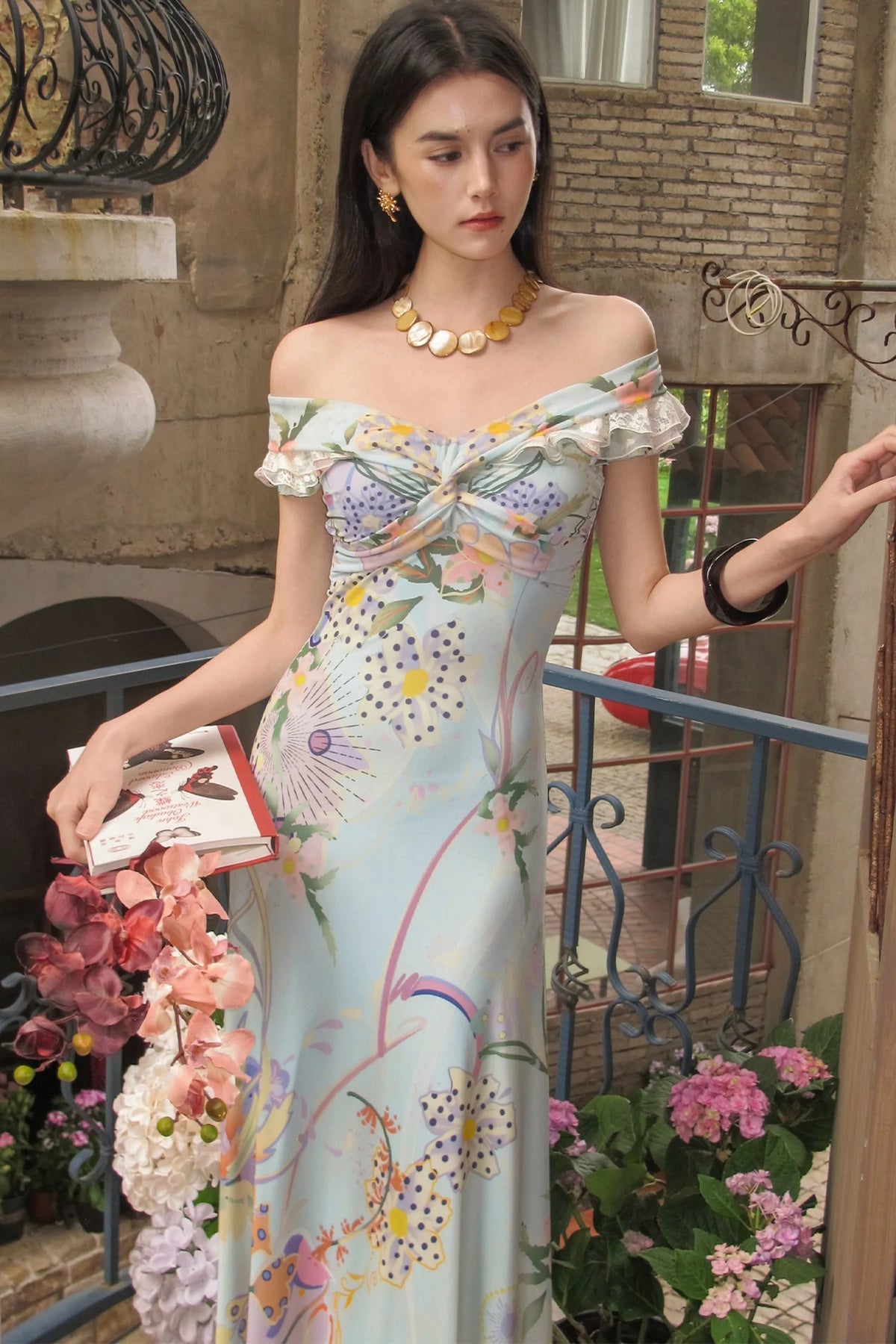 French Retro Off-Shoulder Bodycon Floral Dress