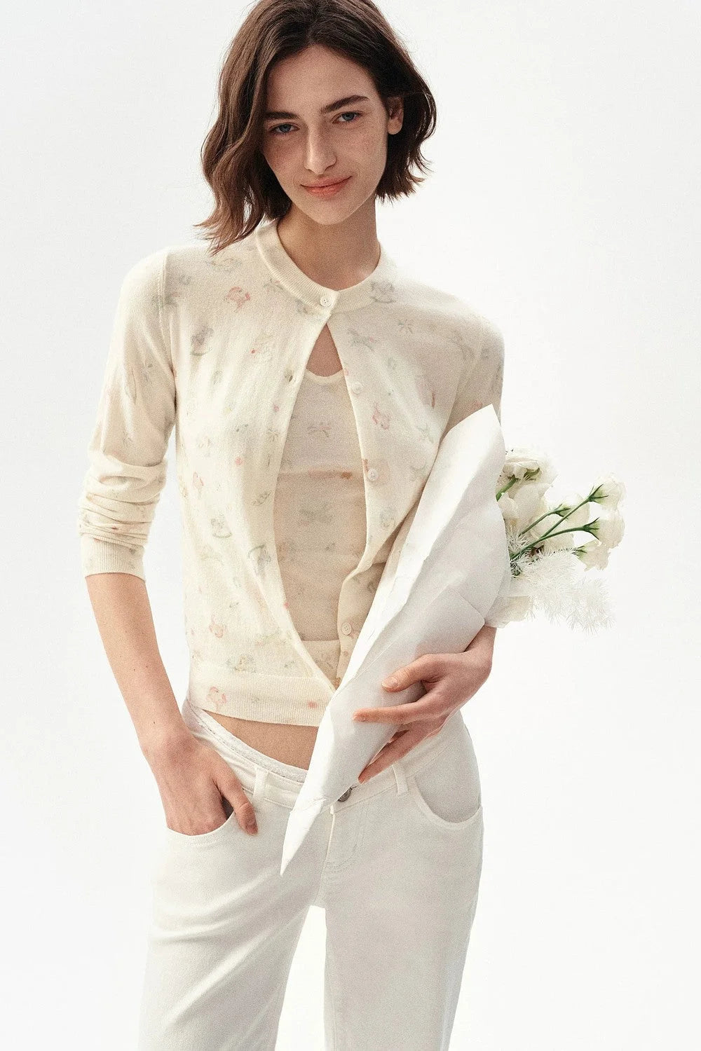 French Retro Printed Cropped Wool T-Shirt