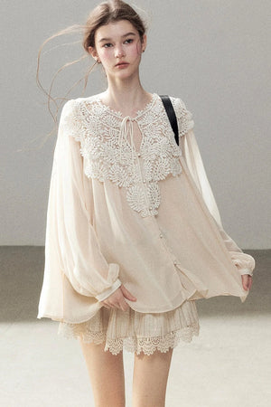 French Style Lace Trim Chiffon Top