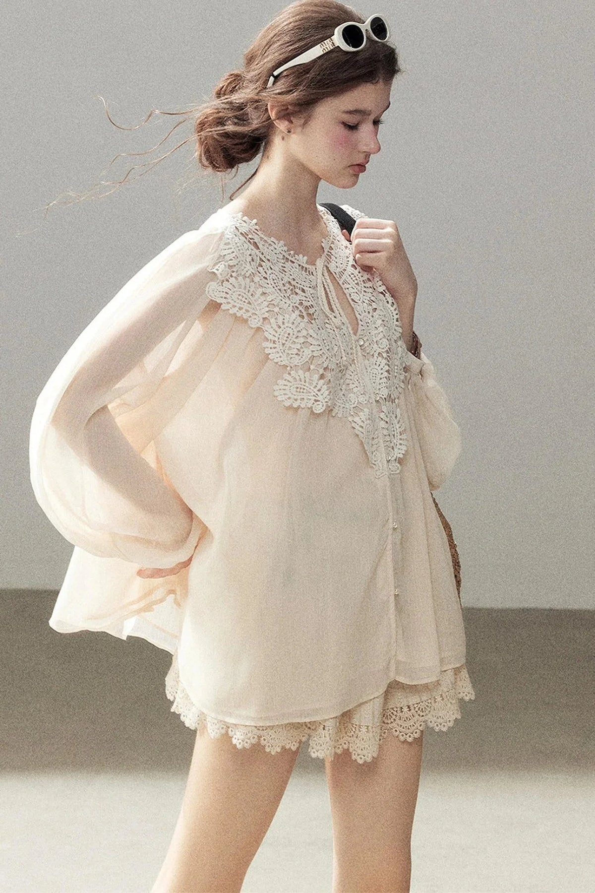French Style Lace Trim Chiffon Top