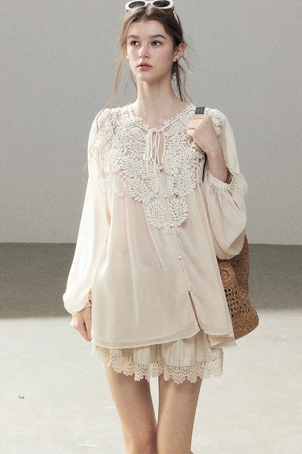 French Style Lace Trim Chiffon Top