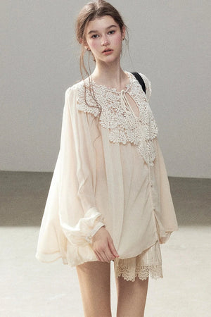French Style Lace Trim Chiffon Top