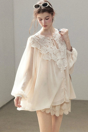 French Style Lace Trim Chiffon Top