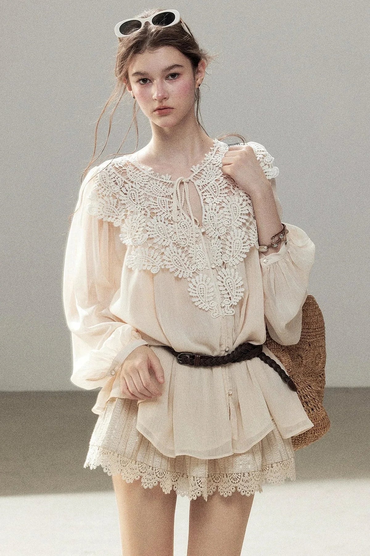 French Style Lace Trim Chiffon Top