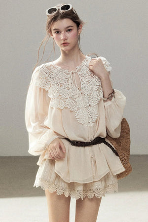French Style Lace Trim Chiffon Top