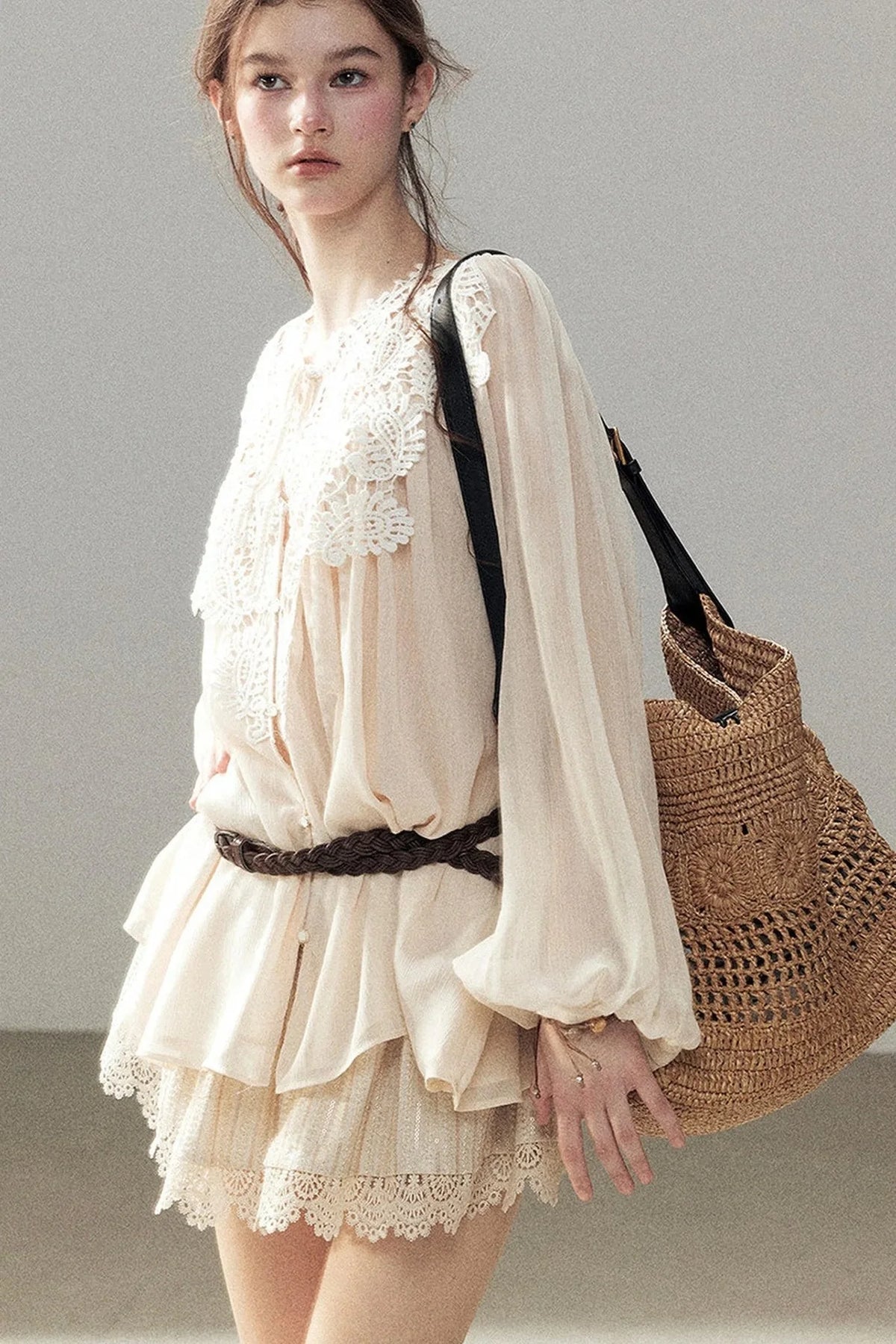 French Style Lace Trim Chiffon Top