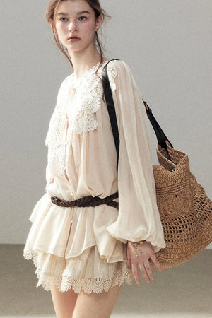 French Style Lace Trim Chiffon Top