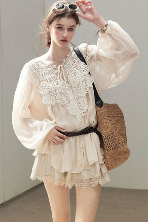 French Style Lace Trim Chiffon Top