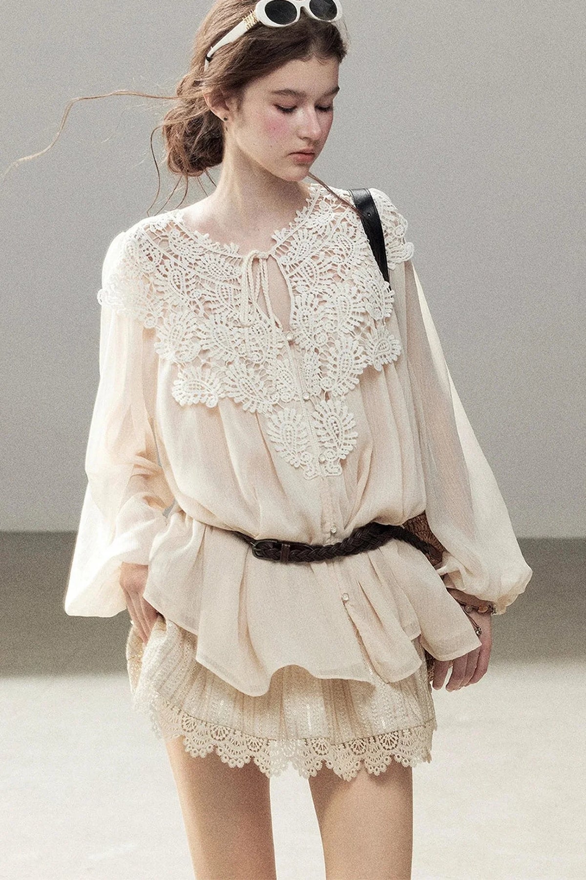 French Style Lace Trim Chiffon Top