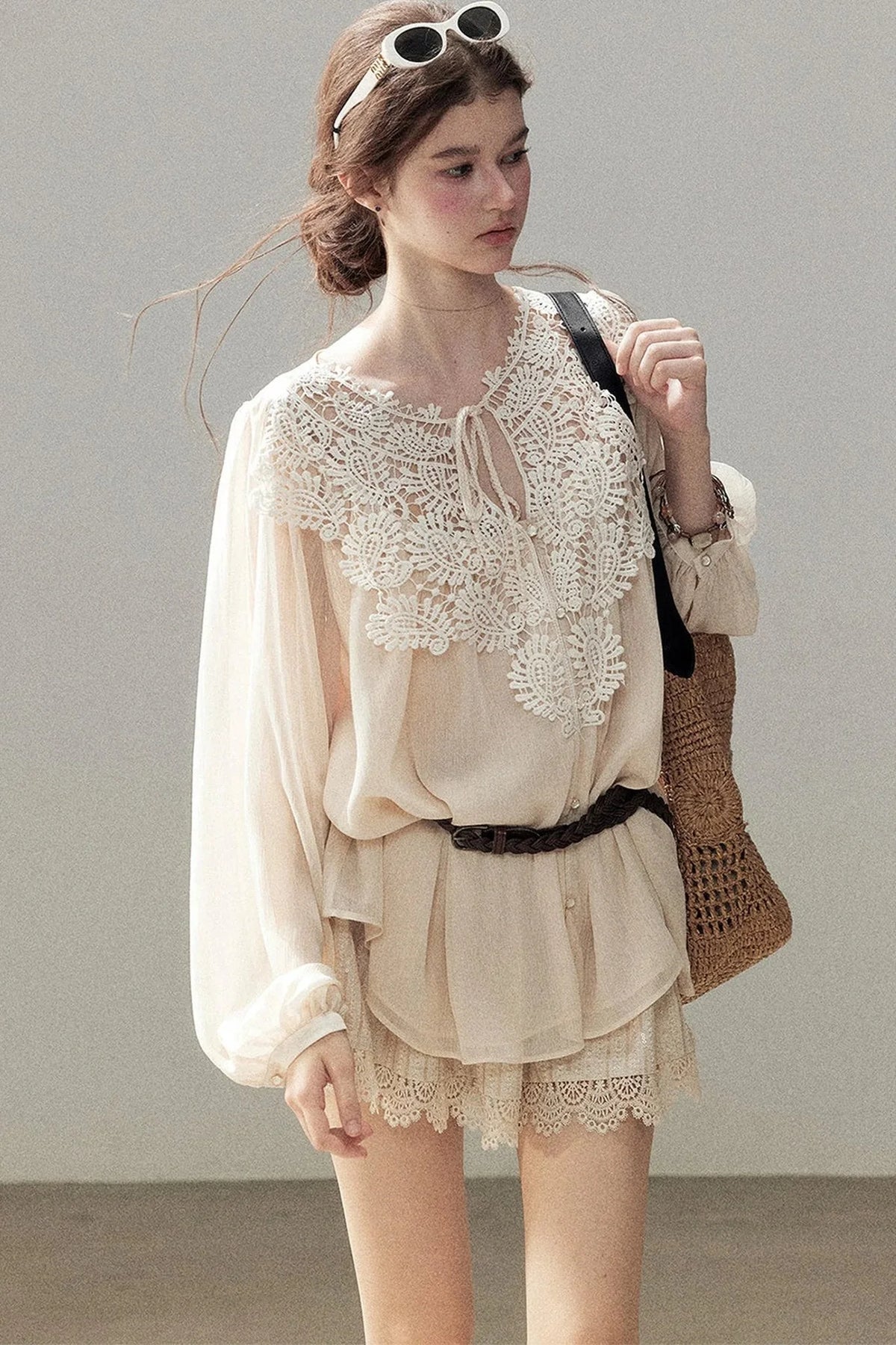 French Style Lace Trim Chiffon Top