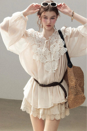 French Style Lace Trim Chiffon Top