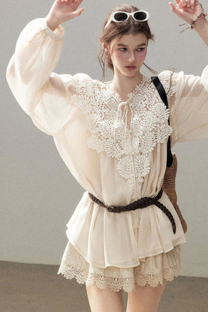 French Style Lace Trim Chiffon Top