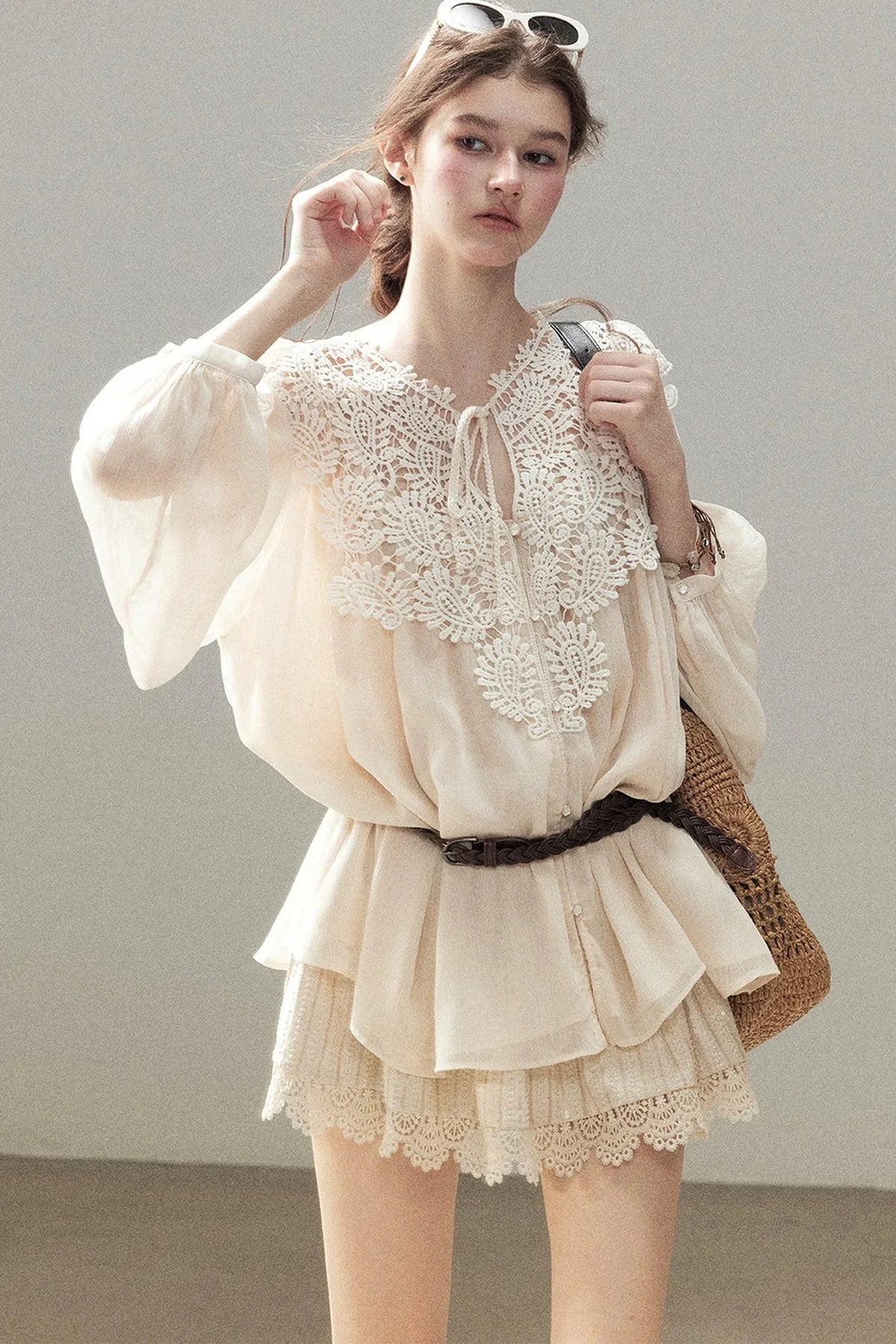 French Style Lace Trim Chiffon Top