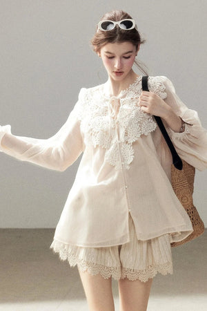 French Style Lace Trim Chiffon Top