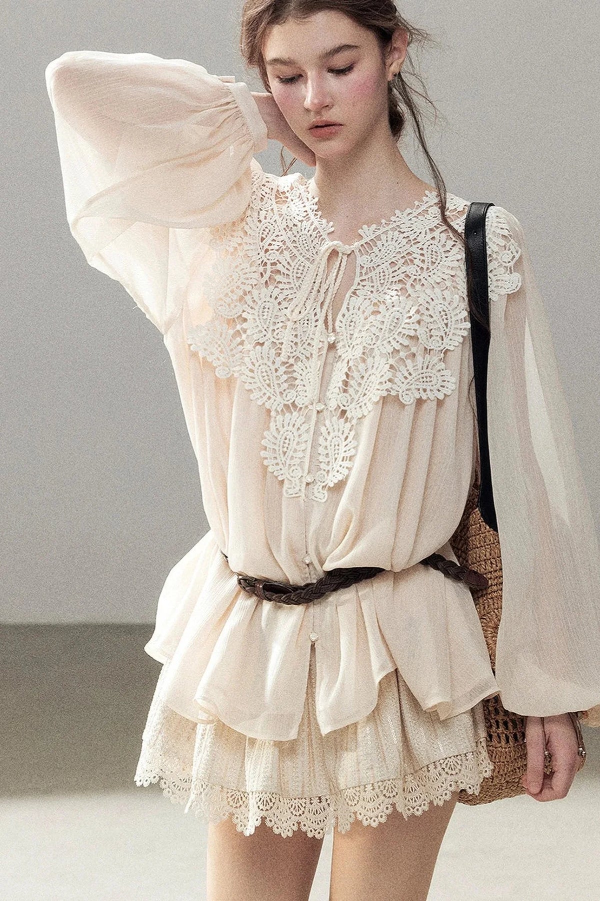 French Style Lace Trim Chiffon Top
