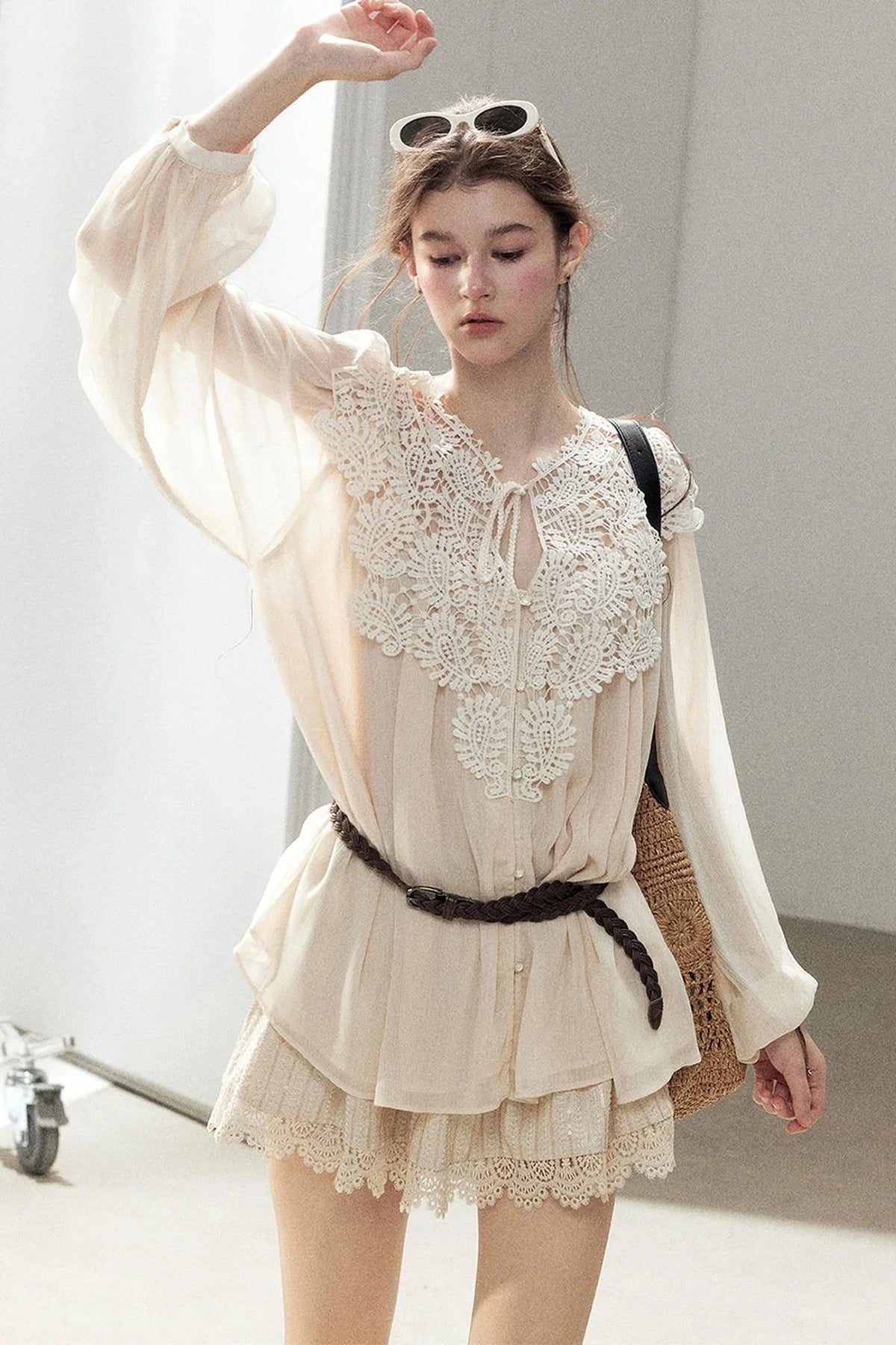 French Style Lace Trim Chiffon Top