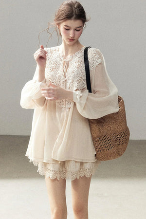 French Style Lace Trim Chiffon Top