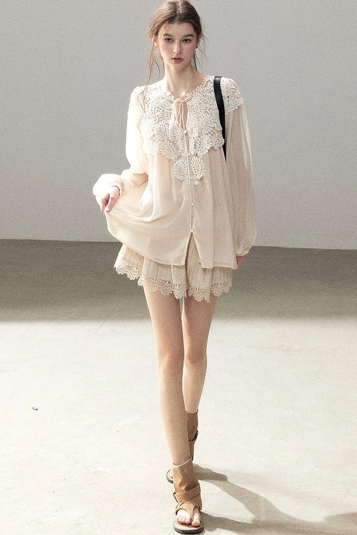 French Style Lace Trim Chiffon Top