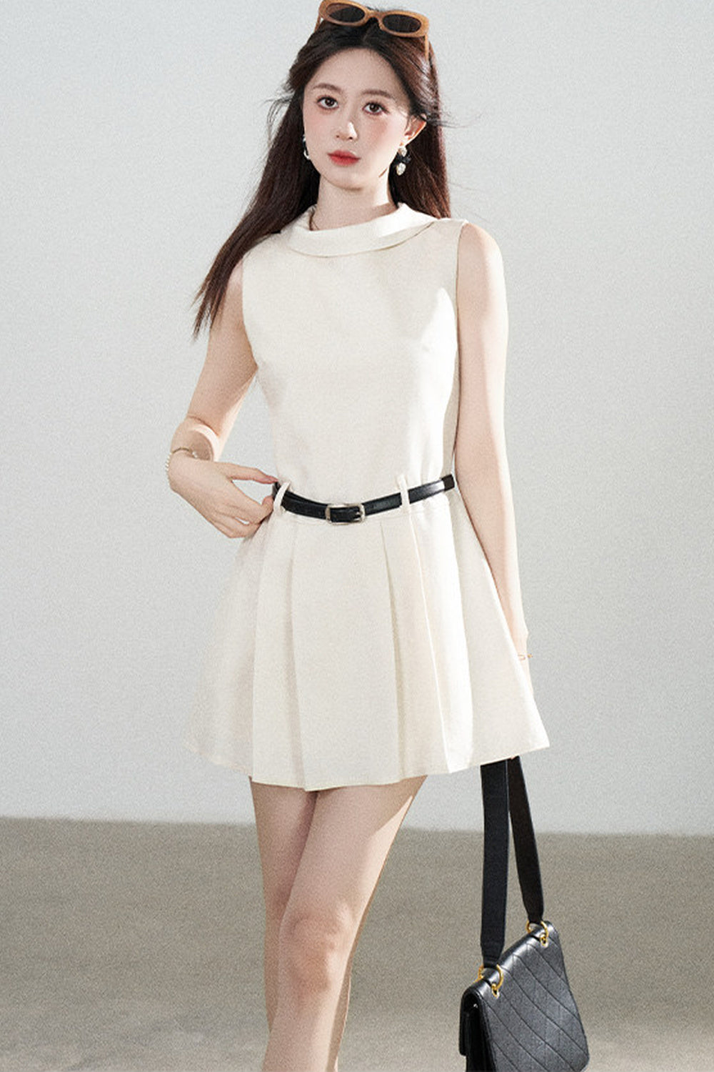 French Style Pleated Belt Dress
