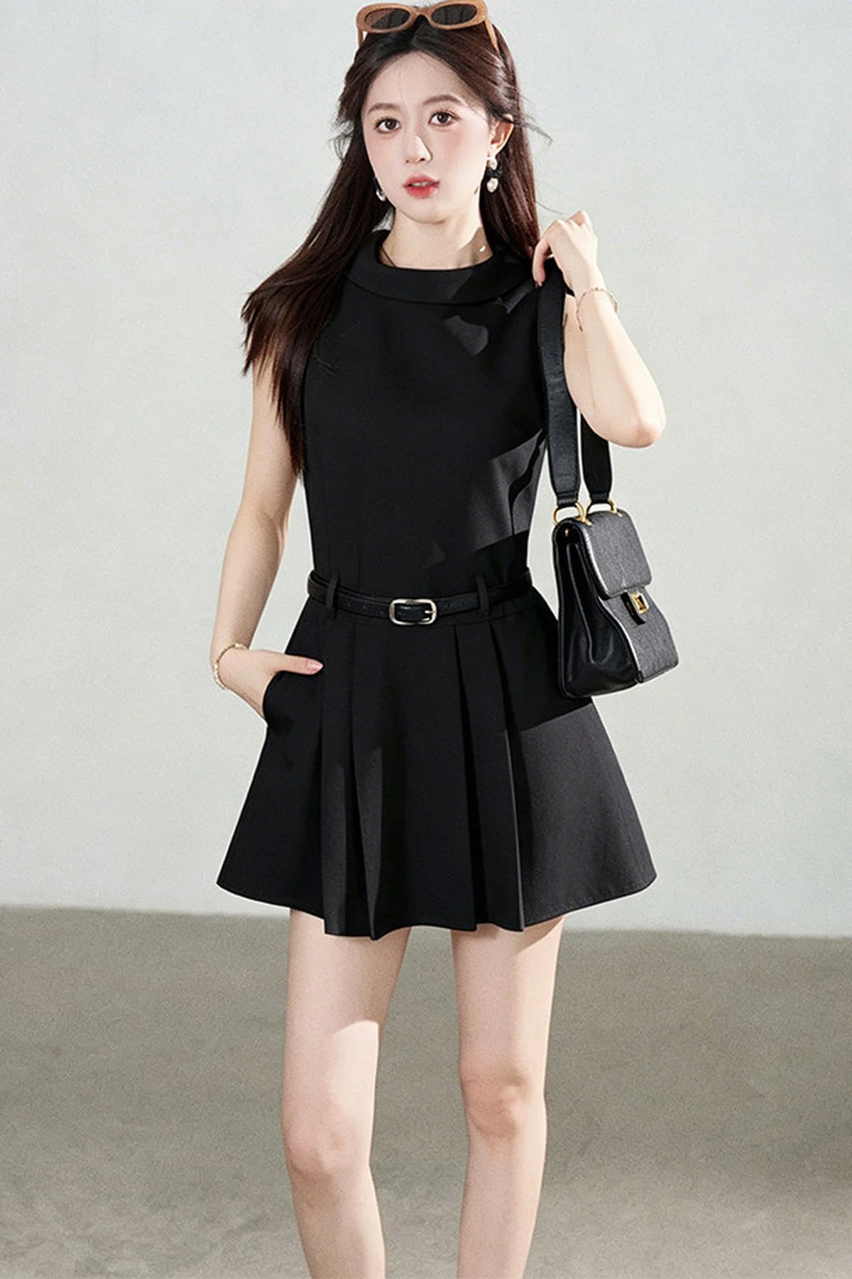 French Style Pleated Belt Dress