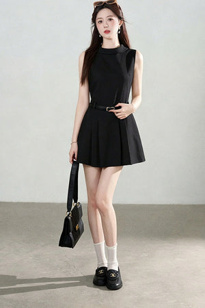 French Style Pleated Belt Dress