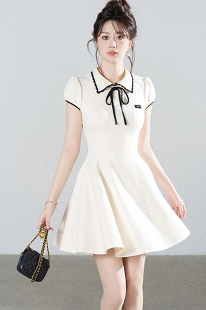 French Style Puff Sleeve Cinched Waist Dress
