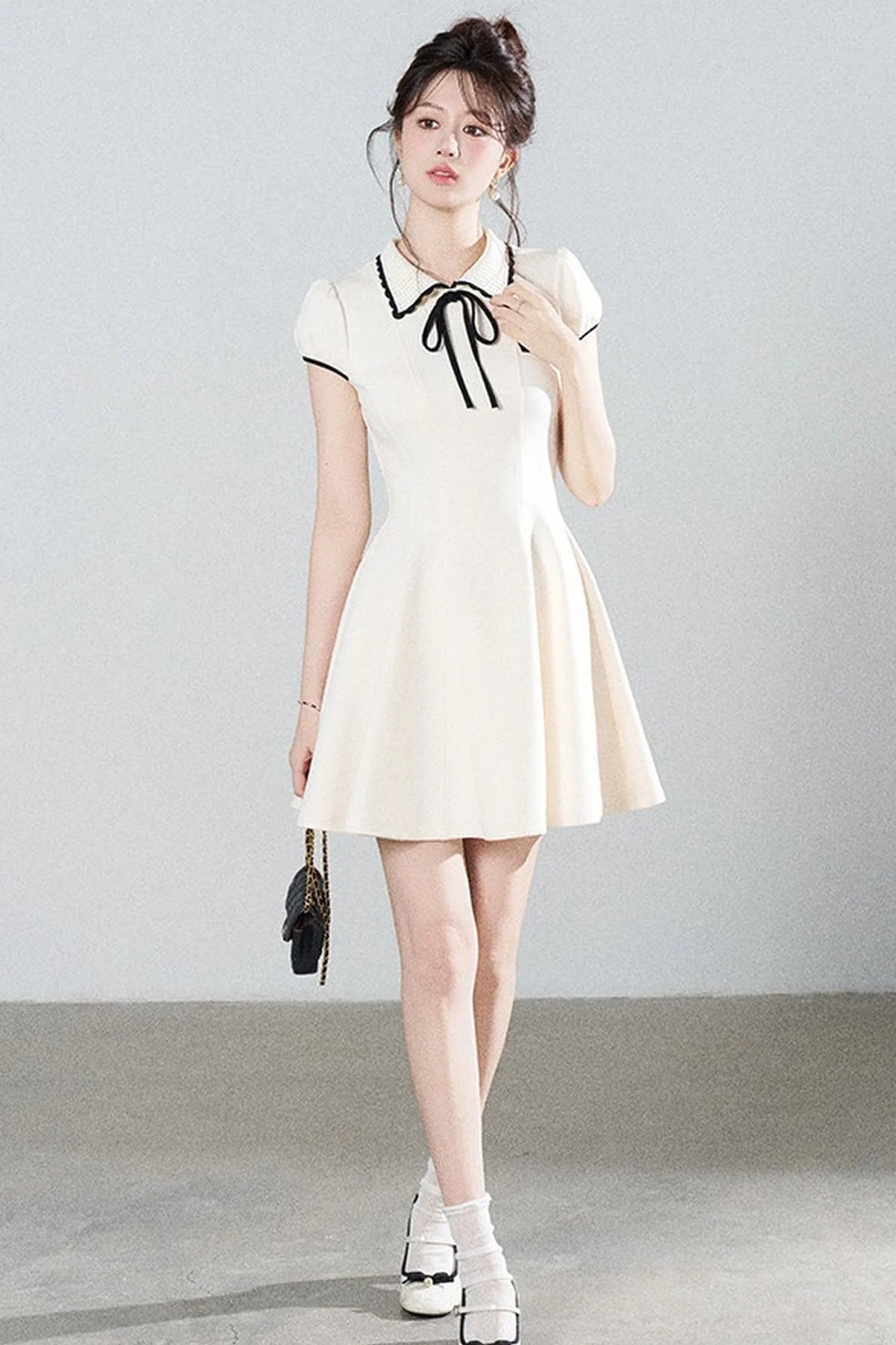 French Style Puff Sleeve Cinched Waist Dress