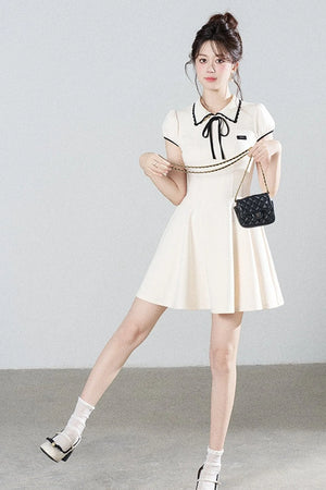 French Style Puff Sleeve Cinched Waist Dress