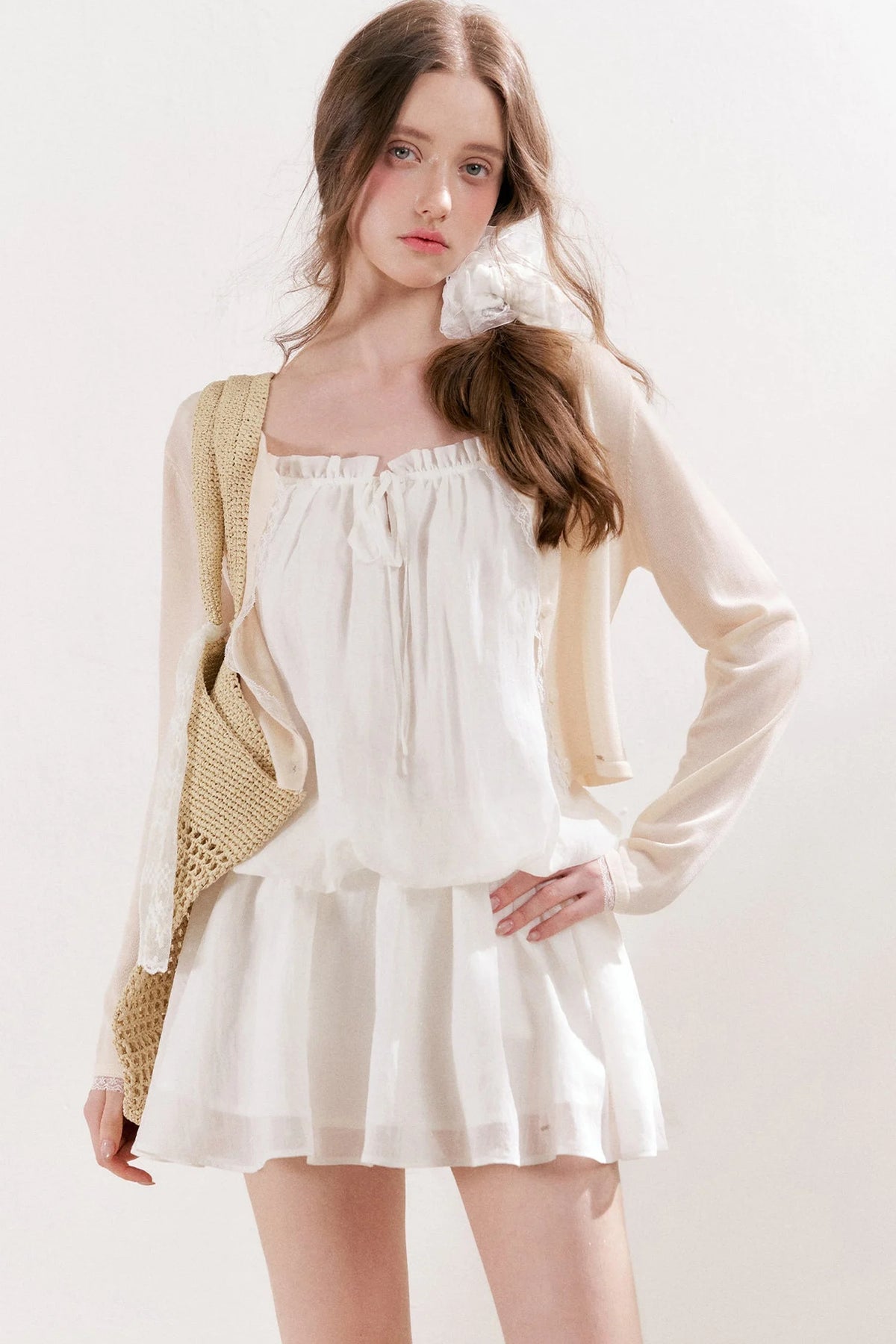 French Style Puff Sleeve Ruffle Trim Cardigan and Dress Set
