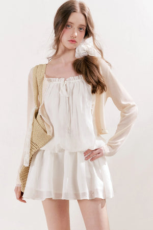 French Style Puff Sleeve Ruffle Trim Cardigan and Dress Set