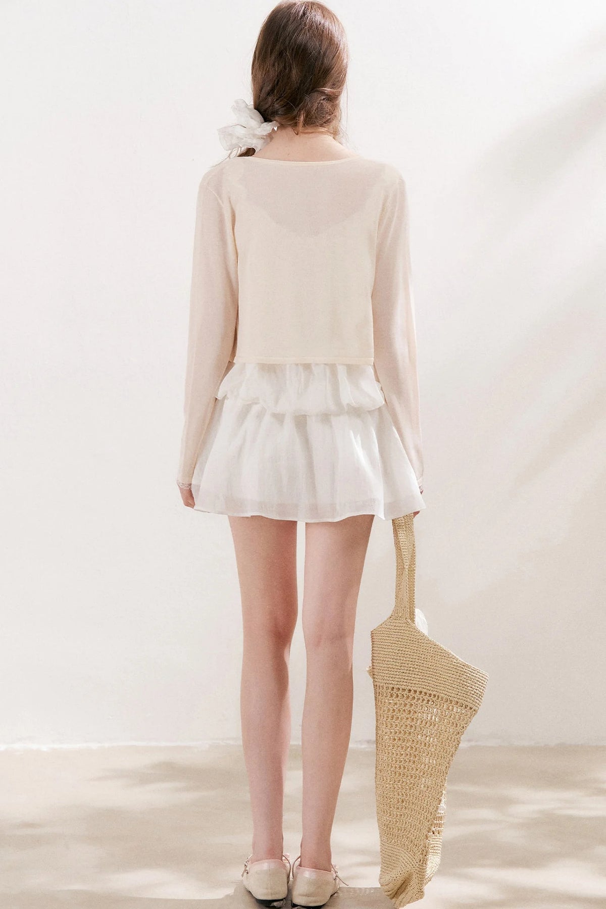 French Style Puff Sleeve Ruffle Trim Cardigan and Dress Set