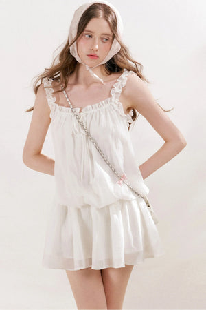 French Style Puff Sleeve Ruffle Trim Cardigan and Dress Set