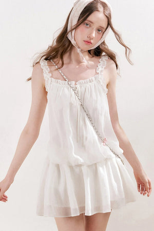 French Style Puff Sleeve Ruffle Trim Cardigan and Dress Set