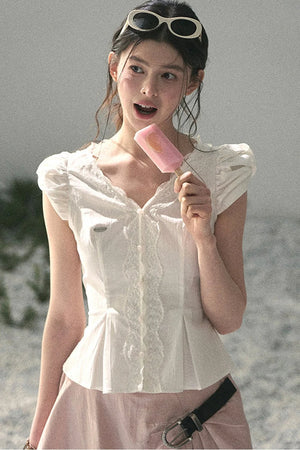 French V-Neck Lace Puff Sleeve Blouse