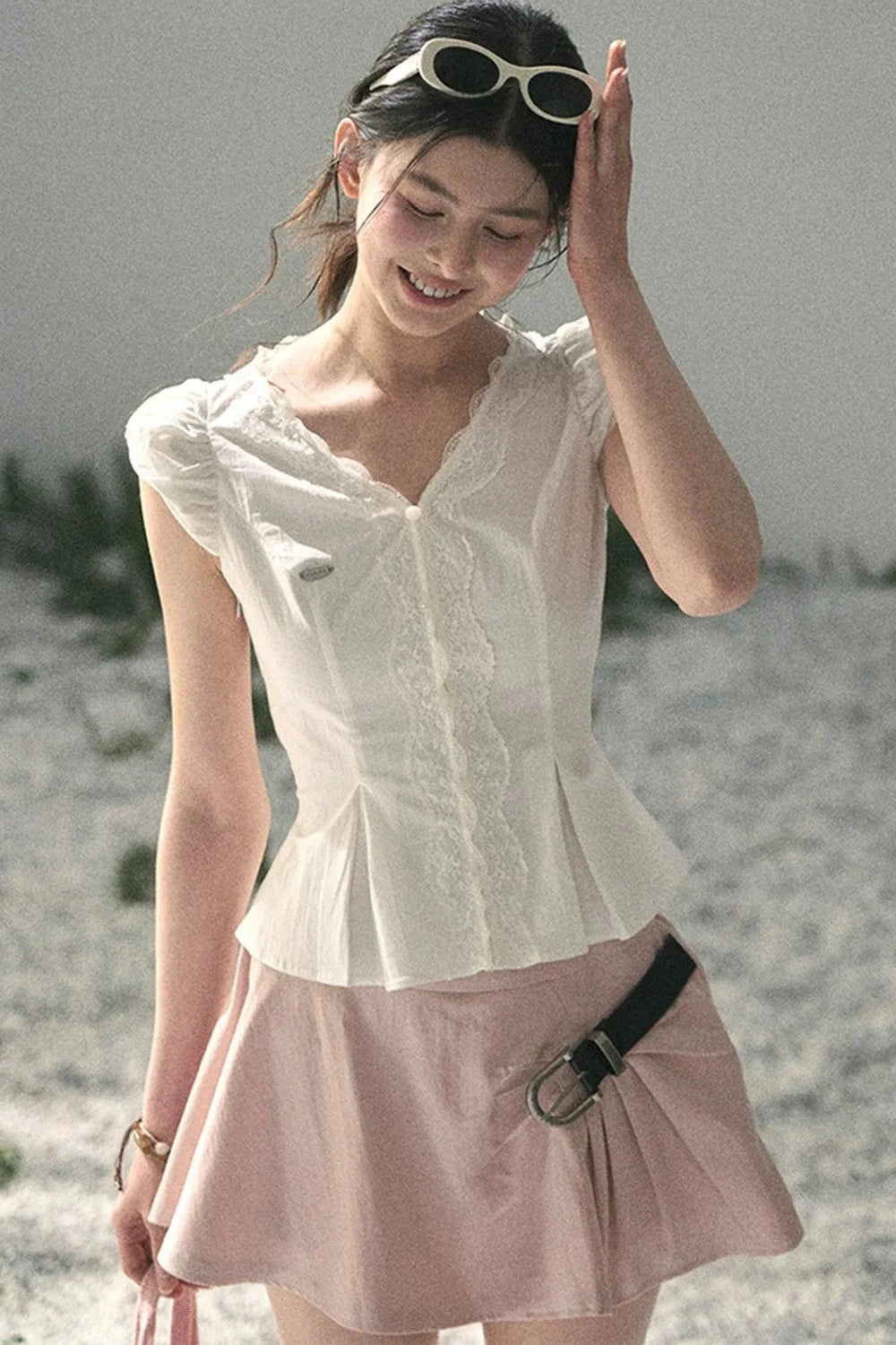 French V-Neck Lace Puff Sleeve Blouse
